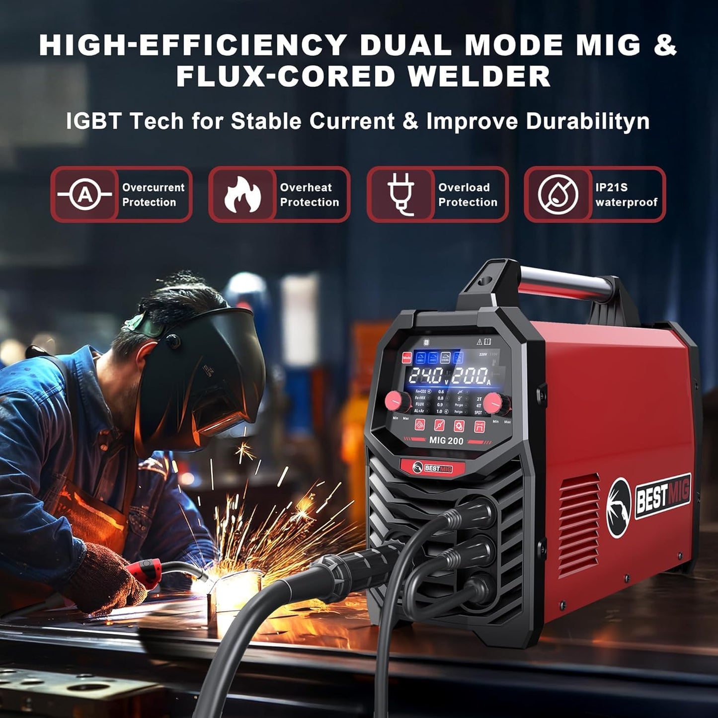 BESTMIG 135A Welder 3-in-1 Welding Machine Supports MIG 110V Welding Machine with IGBT Inverter LED Digital Display MIG/Lift TIG/Stick Capabilities (Red Black, MIG 135A Welder)