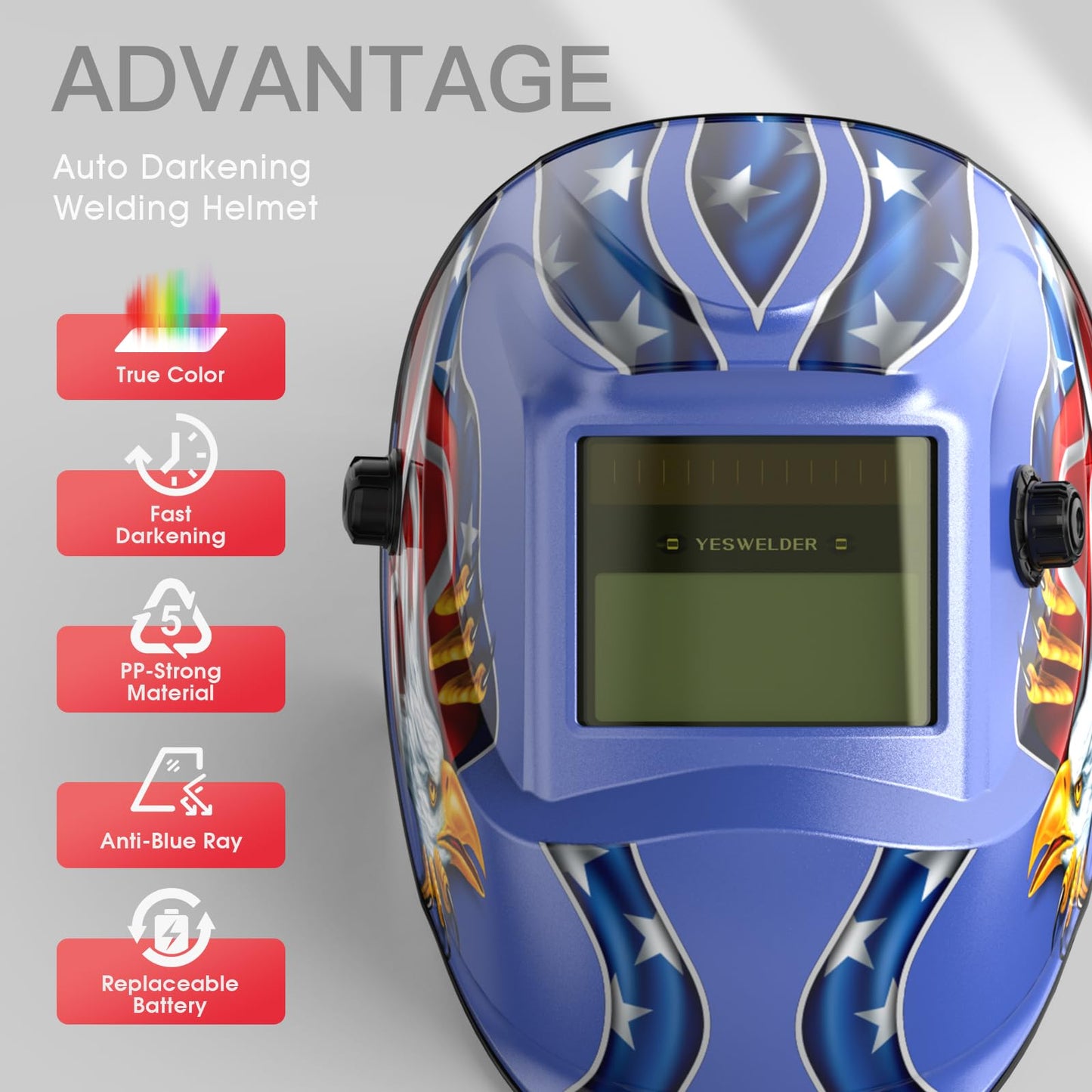 YESWELDER True Color Solar Powered Auto Darkening Welding Helmet, Wide Shade 3.5/9-13 for TIG MIG ARC Grind Welding Hood Helmet