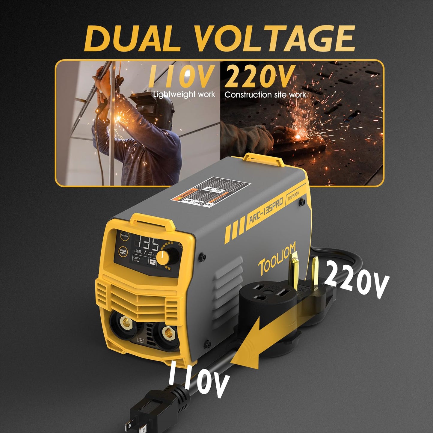 TOOLIOM 195A Stick Welder 110/220V Dual Voltage Lift TIG Welder LCD Display IGBT Inverter with Hot Start Arc Force VRD Welding Machine fits 5/32in. (4mm) Welding Rods