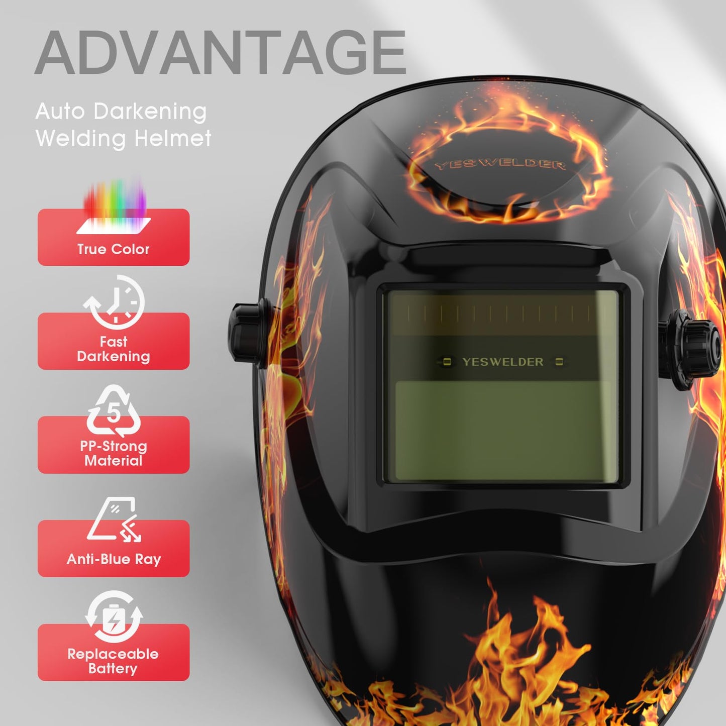 YESWELDER True Color Solar Powered Auto Darkening Welding Helmet, Wide Shade 3.5/9-13 for TIG MIG ARC Grind Welding Hood Helmet