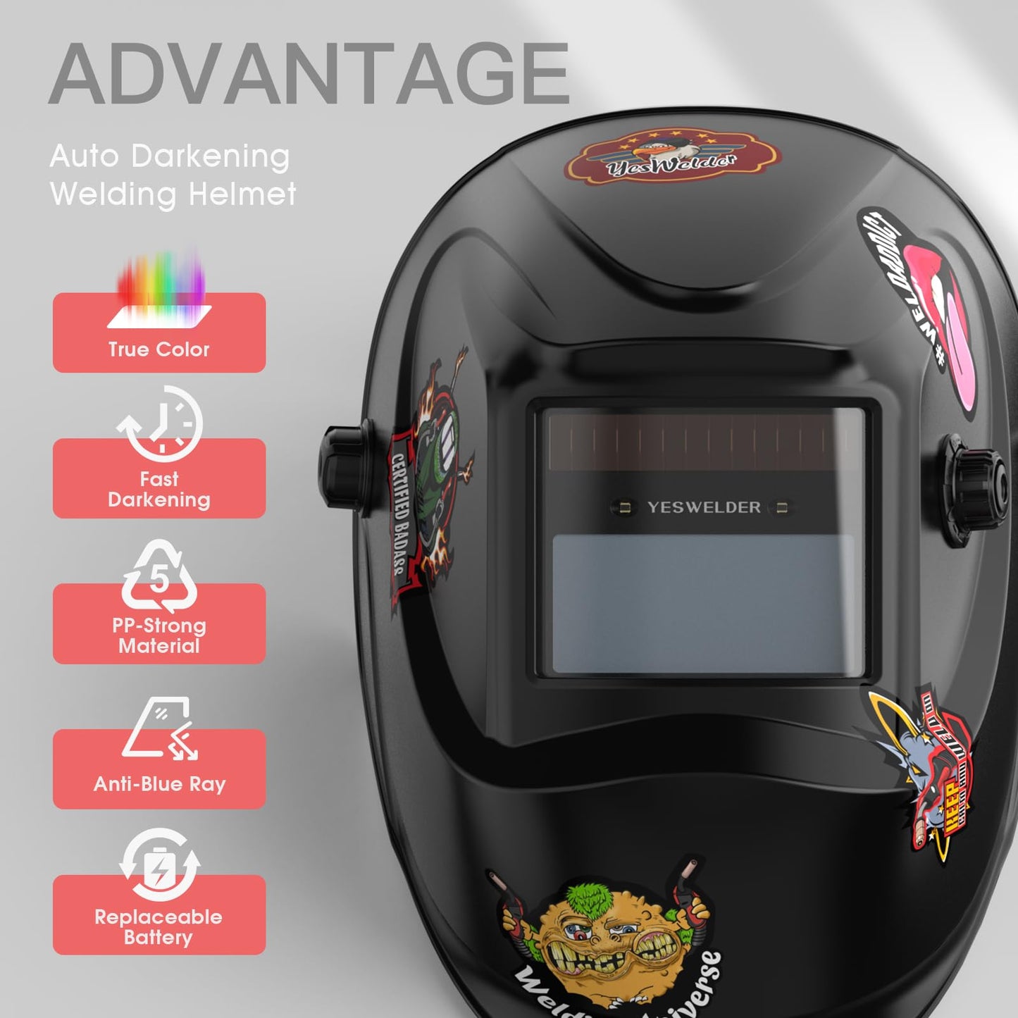 YESWELDER True Color Solar Powered Auto Darkening Welding Helmet, Wide Shade 3.5/9-13 for TIG MIG ARC Grind Welding Hood Helmet