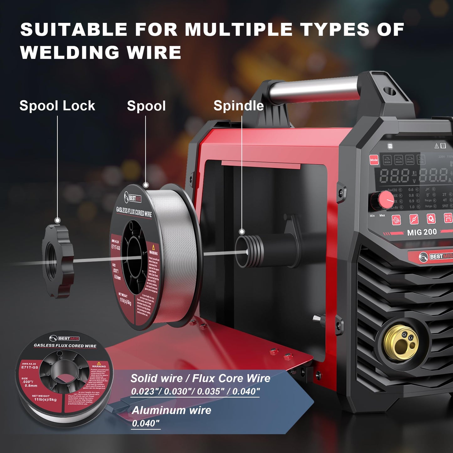 BESTMIG 135A Welder 3-in-1 Welding Machine Supports MIG 110V Welding Machine with IGBT Inverter LED Digital Display MIG/Lift TIG/Stick Capabilities (Red Black, MIG 135A Welder)