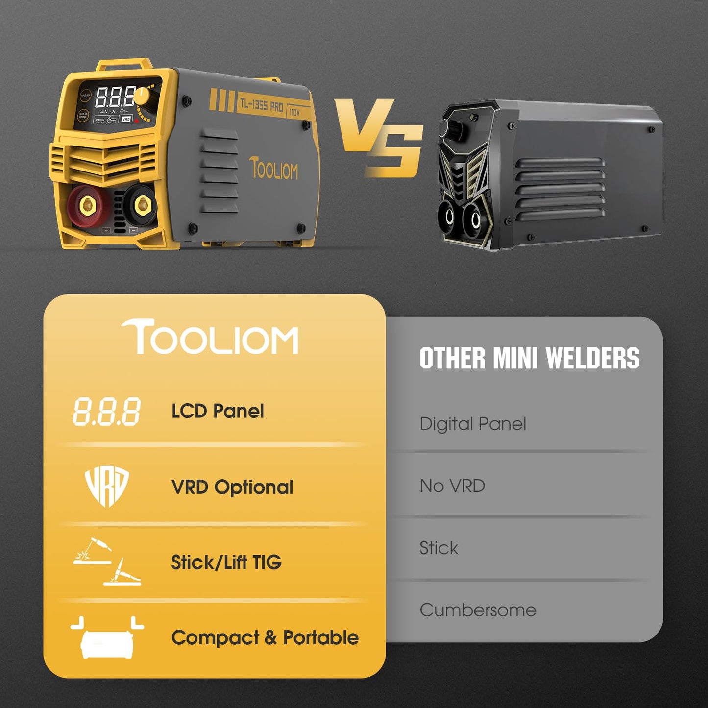 TOOLIOM 195A Stick Welder 110/220V Dual Voltage Lift TIG Welder LCD Display IGBT Inverter with Hot Start Arc Force VRD Welding Machine fits 5/32in. (4mm) Welding Rods