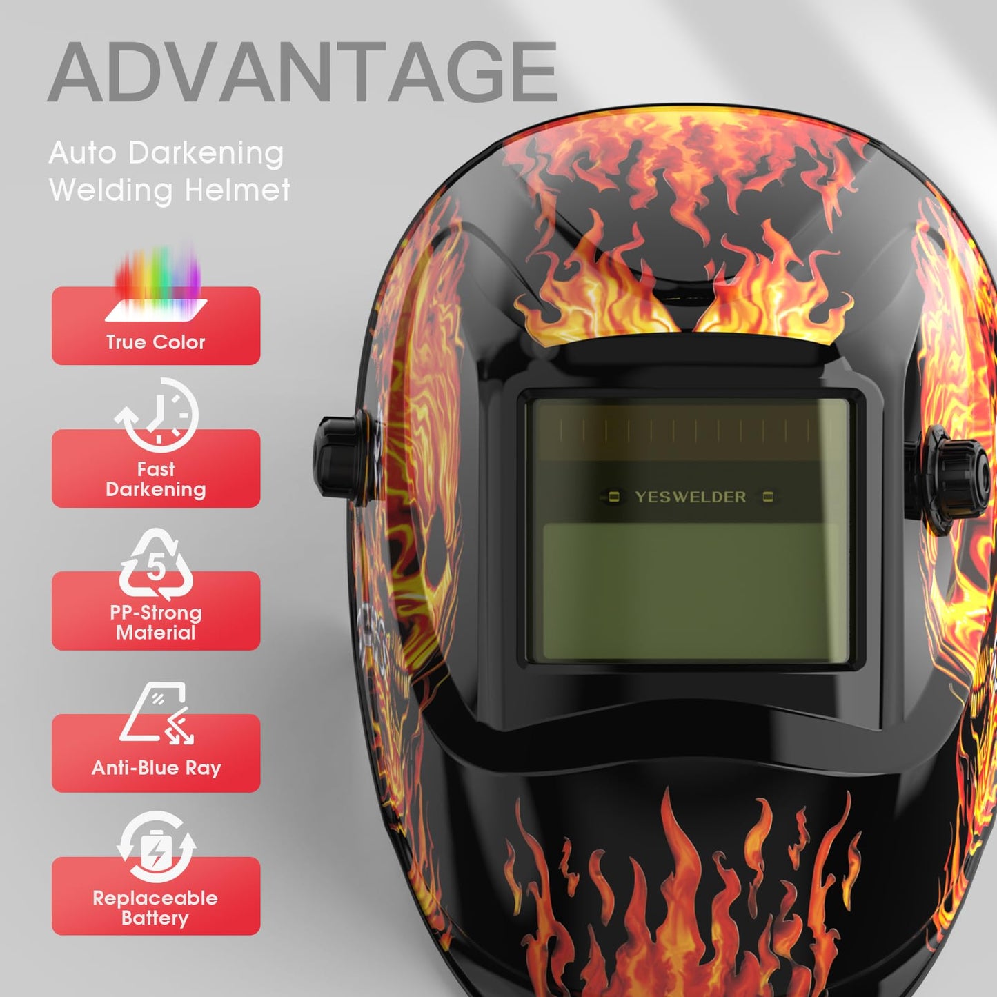 YESWELDER True Color Solar Powered Auto Darkening Welding Helmet, Wide Shade 3.5/9-13 for TIG MIG ARC Grind Welding Hood Helmet