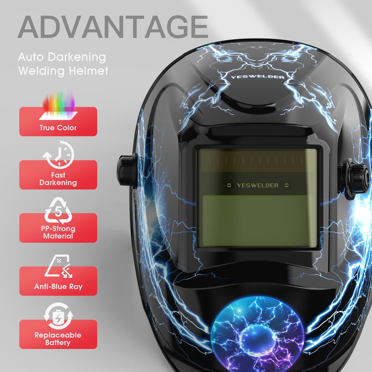 YESWELDER True Color Solar Powered Auto Darkening Welding Helmet, Wide Shade 3.5/9-13 for TIG MIG ARC Grind Welding Hood Helmet