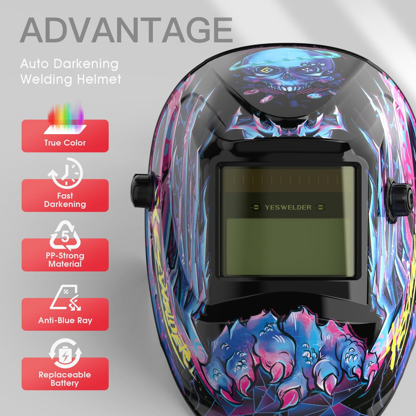YESWELDER True Color Solar Powered Auto Darkening Welding Helmet, Wide Shade 3.5/9-13 for TIG MIG ARC Grind Welding Hood Helmet