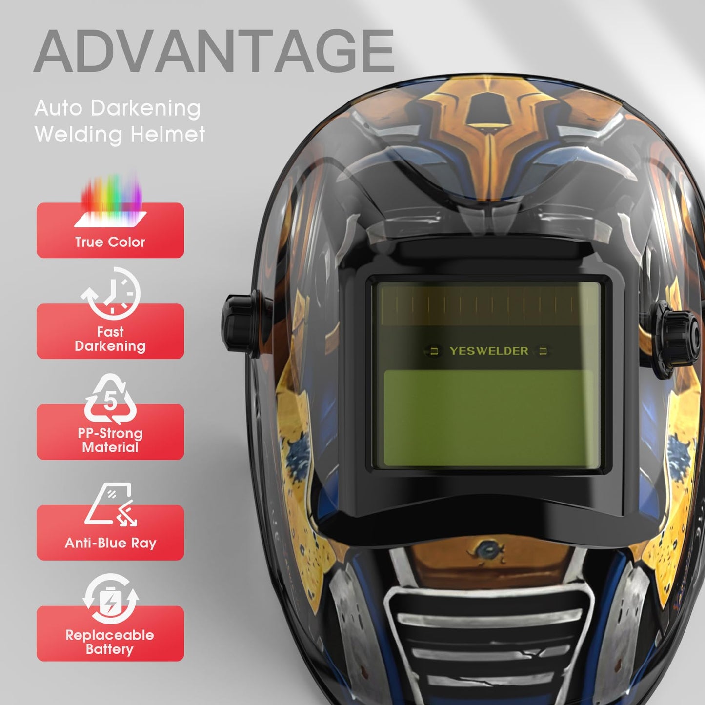YESWELDER True Color Solar Powered Auto Darkening Welding Helmet, Wide Shade 3.5/9-13 for TIG MIG ARC Grind Welding Hood Helmet