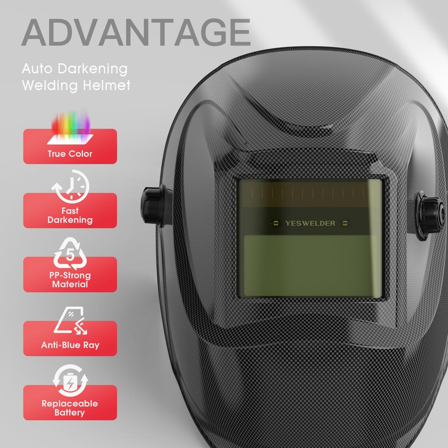 YESWELDER True Color Solar Powered Auto Darkening Welding Helmet, Wide Shade 3.5/9-13 for TIG MIG ARC Grind Welding Hood Helmet
