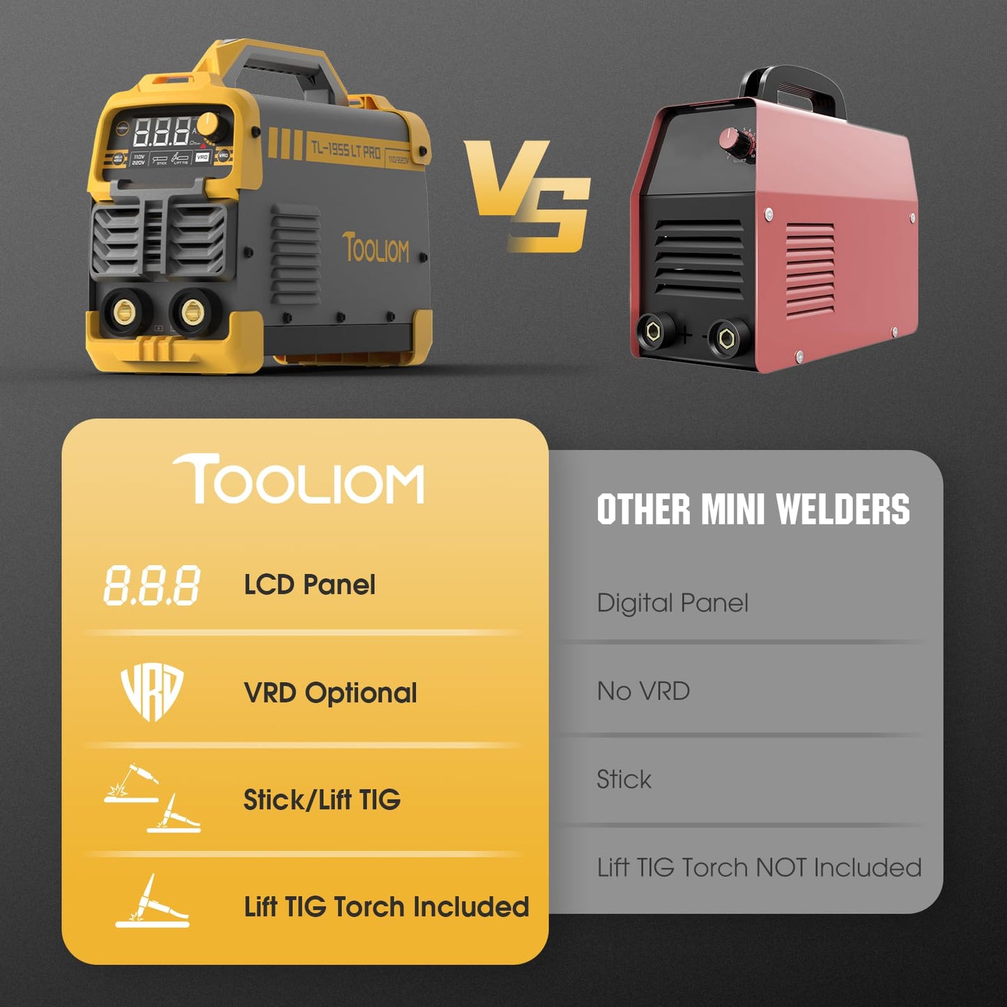 TOOLIOM 195A Stick Welder 110/220V Dual Voltage Lift TIG Welder LCD Display IGBT Inverter with Hot Start Arc Force VRD Welding Machine fits 5/32in. (4mm) Welding Rods