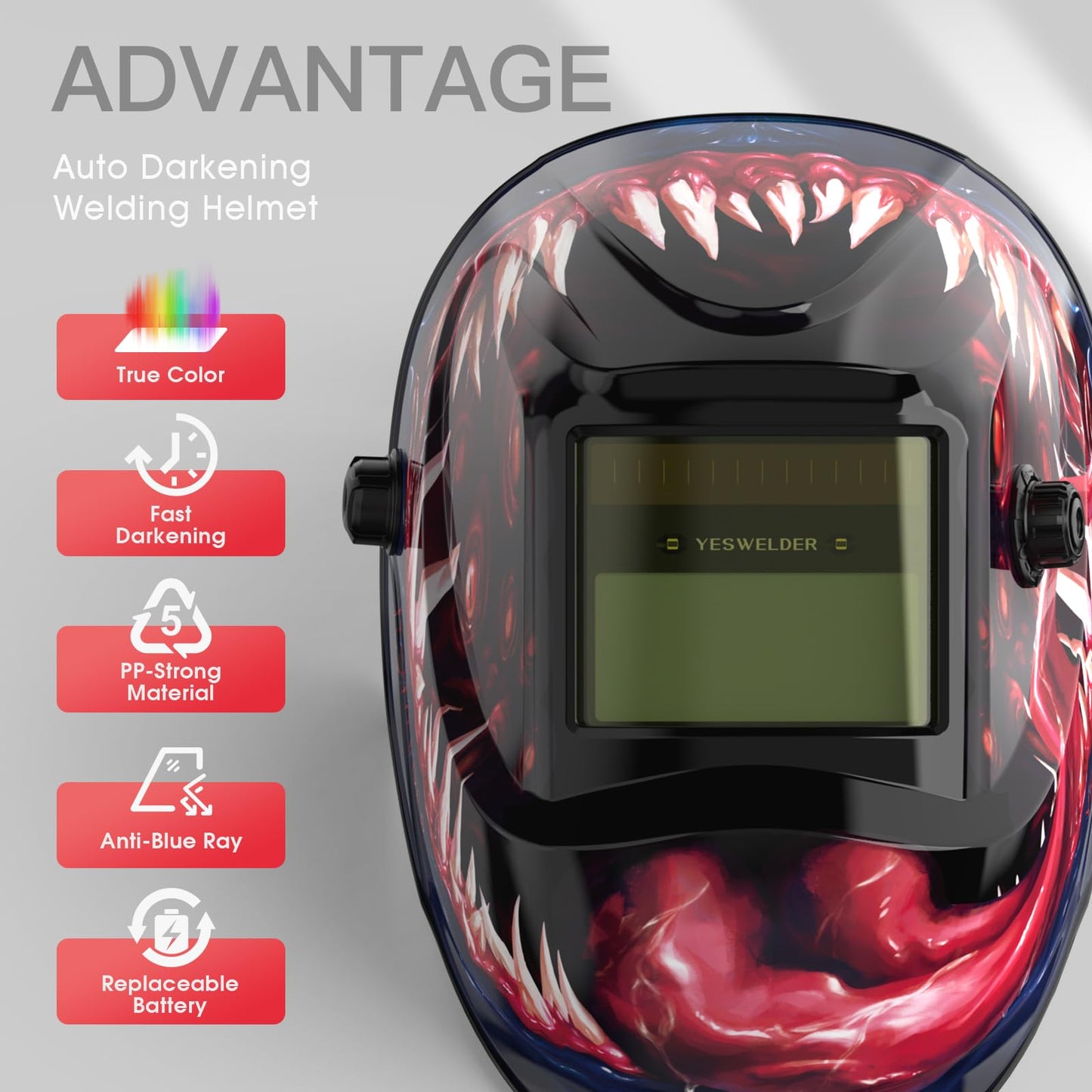 YESWELDER True Color Solar Powered Auto Darkening Welding Helmet, Wide Shade 3.5/9-13 for TIG MIG ARC Grind Welding Hood Helmet