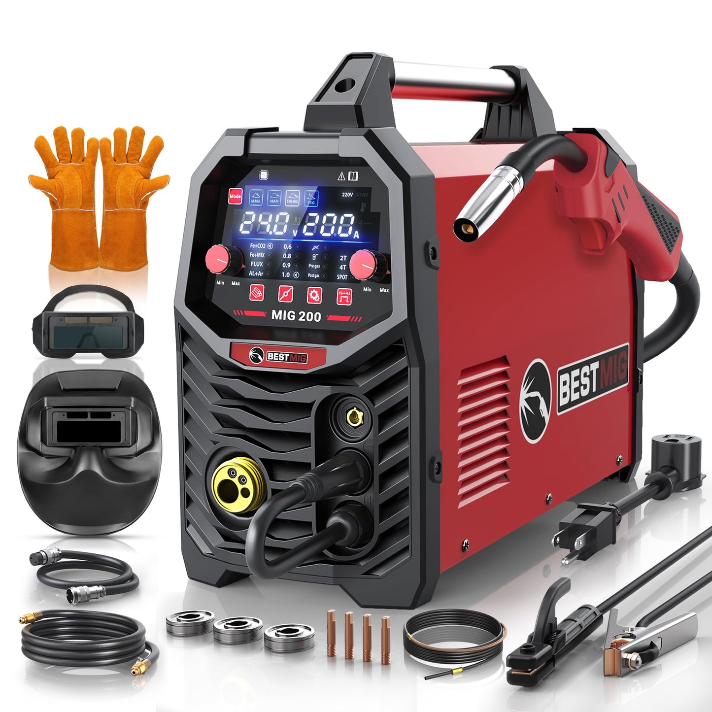 BESTMIG 135A Welder 3-in-1 Welding Machine Supports MIG 110V Welding Machine with IGBT Inverter LED Digital Display MIG/Lift TIG/Stick Capabilities (Red Black, MIG 135A Welder)