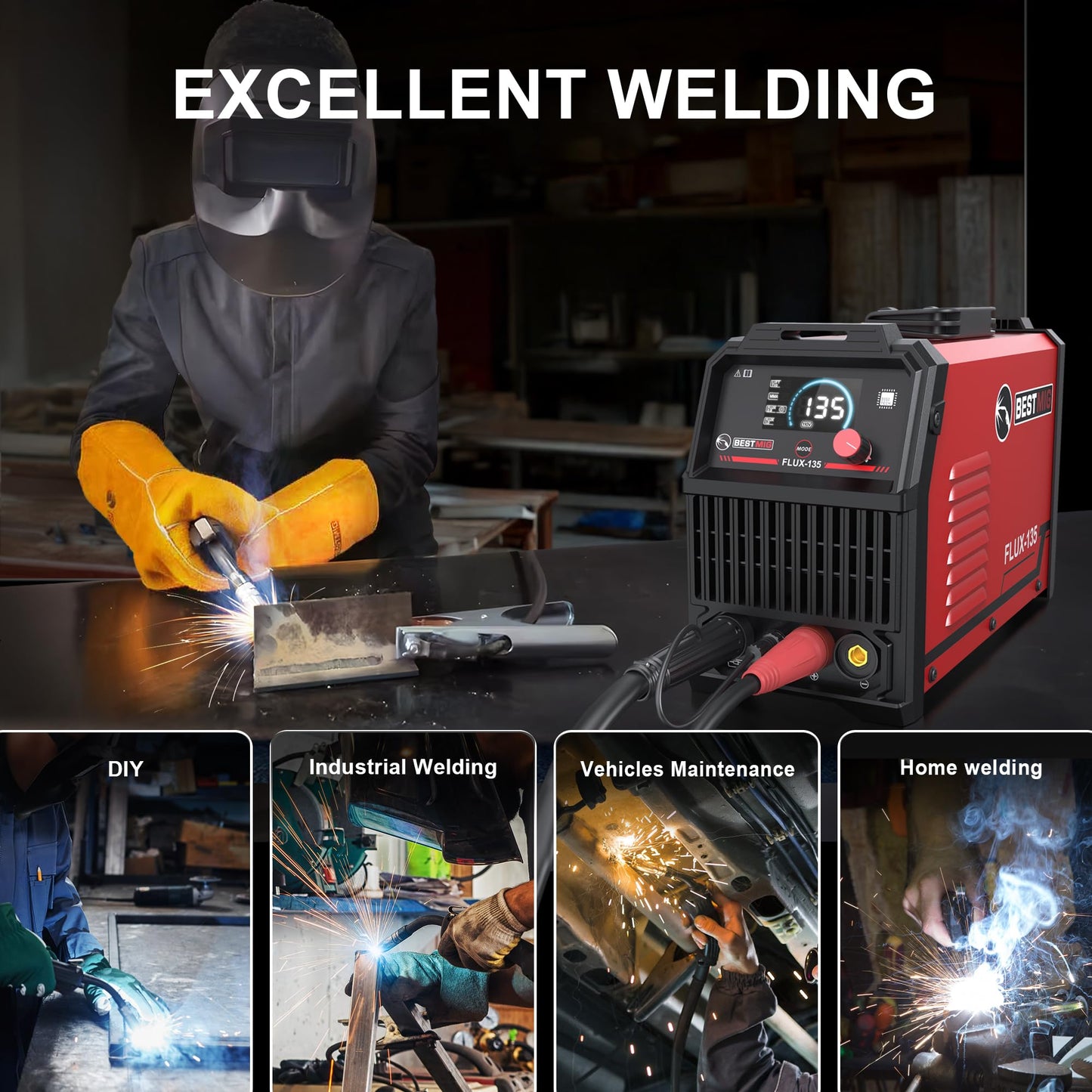 BESTMIG 135A Welder 3-in-1 Welding Machine Supports MIG 110V Welding Machine with IGBT Inverter LED Digital Display MIG/Lift TIG/Stick Capabilities (Red Black, MIG 135A Welder)