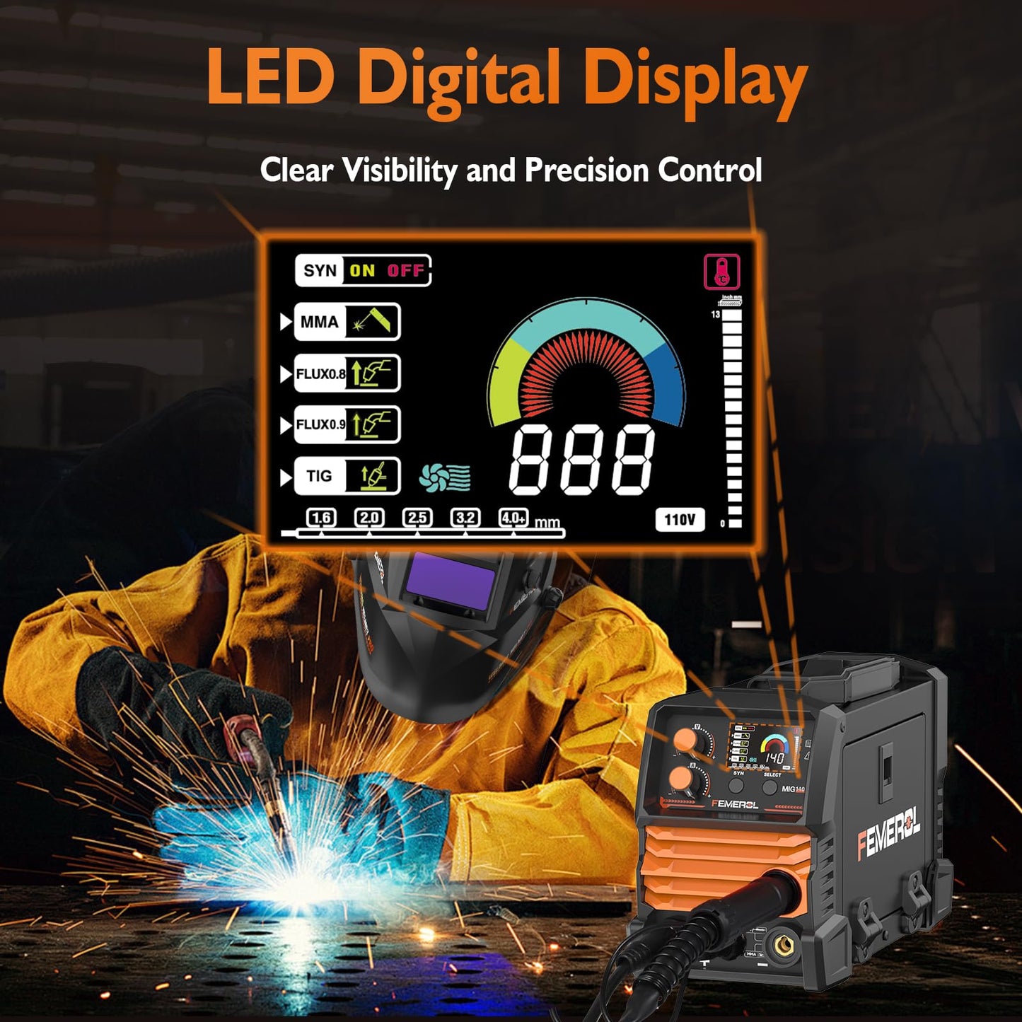 FEMEROL 140A 3 in 1 MIG Welder,Flux Core, MIG/Lift TIG/Stick Welding Machine 110V Portable IGBT Inverter Synergic Control, LED Display with Welding Helmets