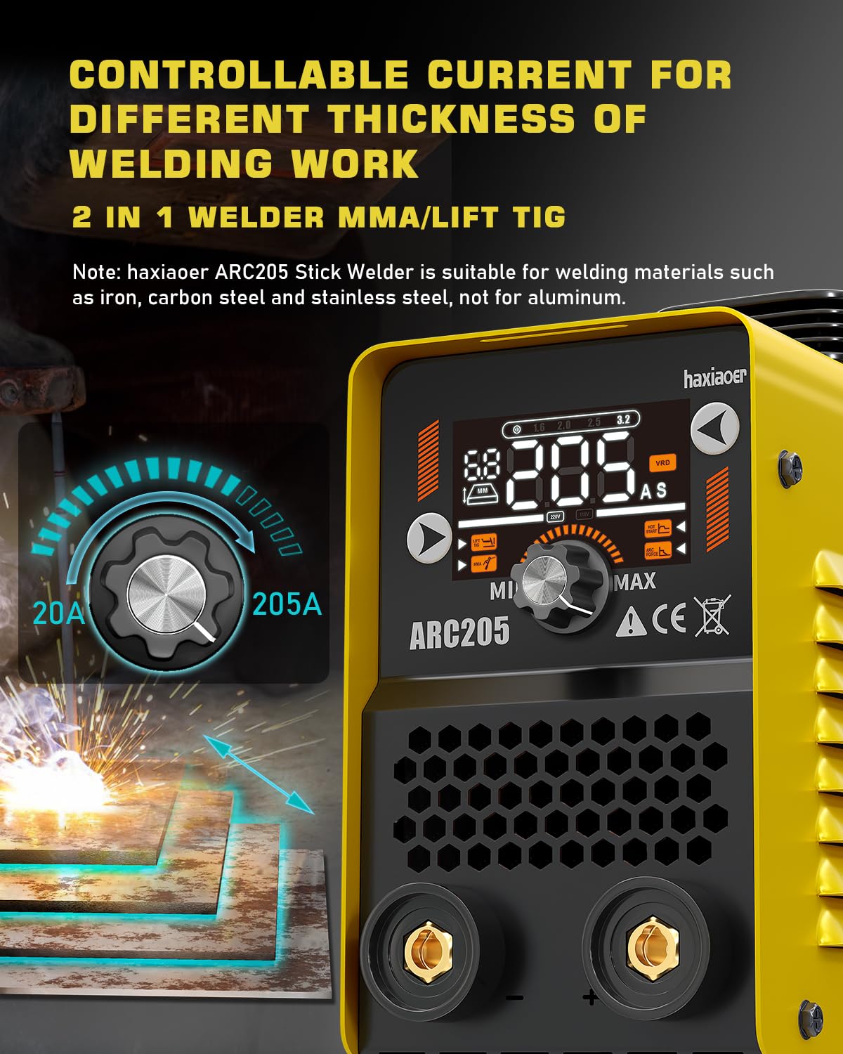 haxiaoer Actual 205A Stick Welder, [Friendly Large LED Dispaly] Synergy 2 In 1 MMA/Lift TIG Welding Machine Dual Voltage ARC Welder Kit 110V/220V with ARC Force, Hot Start, VRD and 10 Welding Rods