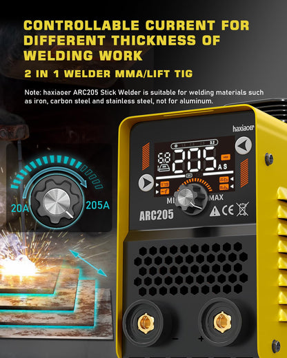 haxiaoer Actual 205A Stick Welder, [Friendly Large LED Dispaly] Synergy 2 In 1 MMA/Lift TIG Welding Machine Dual Voltage ARC Welder Kit 110V/220V with ARC Force, Hot Start, VRD and 10 Welding Rods