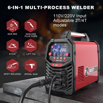 BESTMIG 135A Welder 3-in-1 Welding Machine Supports MIG 110V Welding Machine with IGBT Inverter LED Digital Display MIG/Lift TIG/Stick Capabilities (Red Black, MIG 135A Welder)